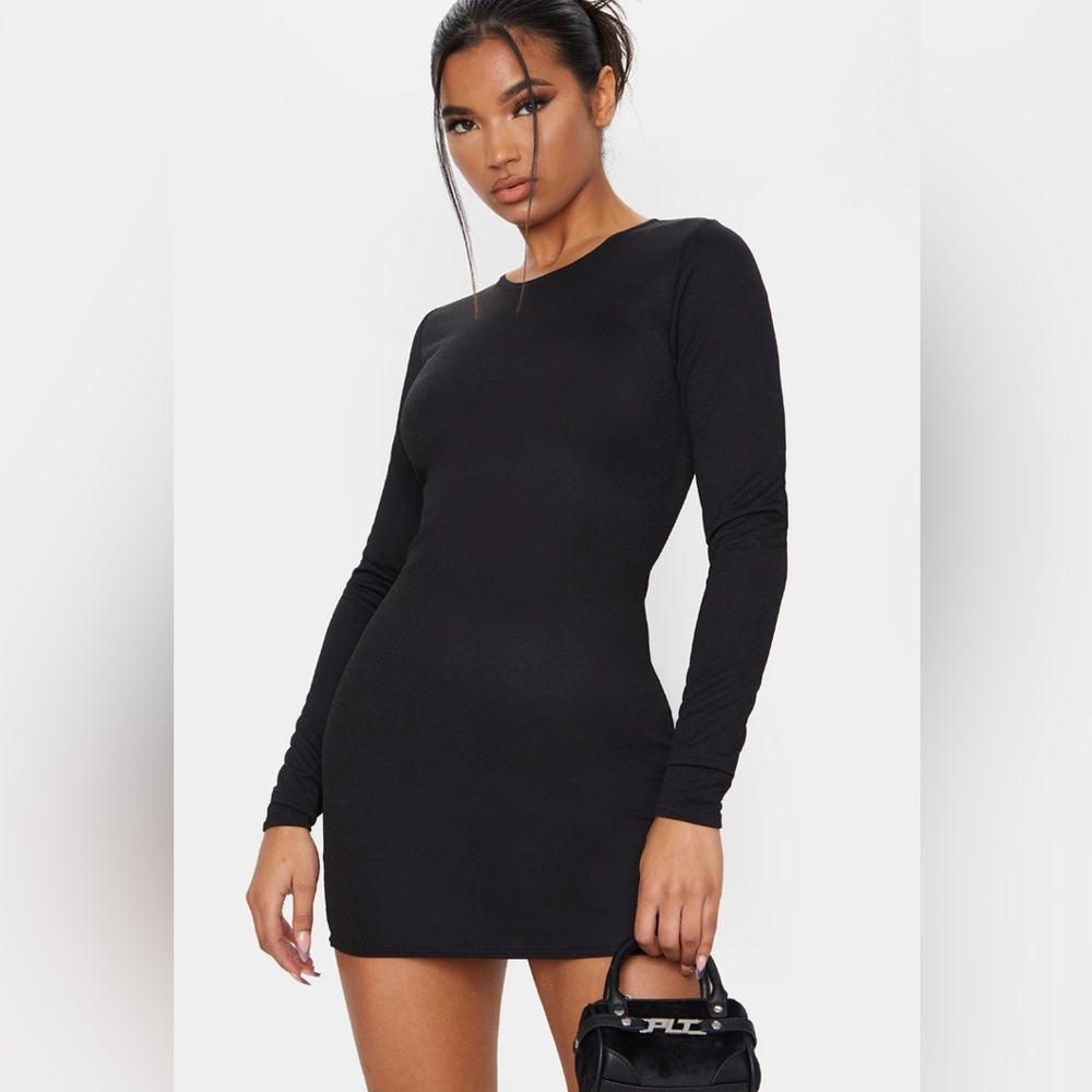 PrettyLittleThing Black Bodycon Mini Dress Crew Neck Long Sleeve Size 4